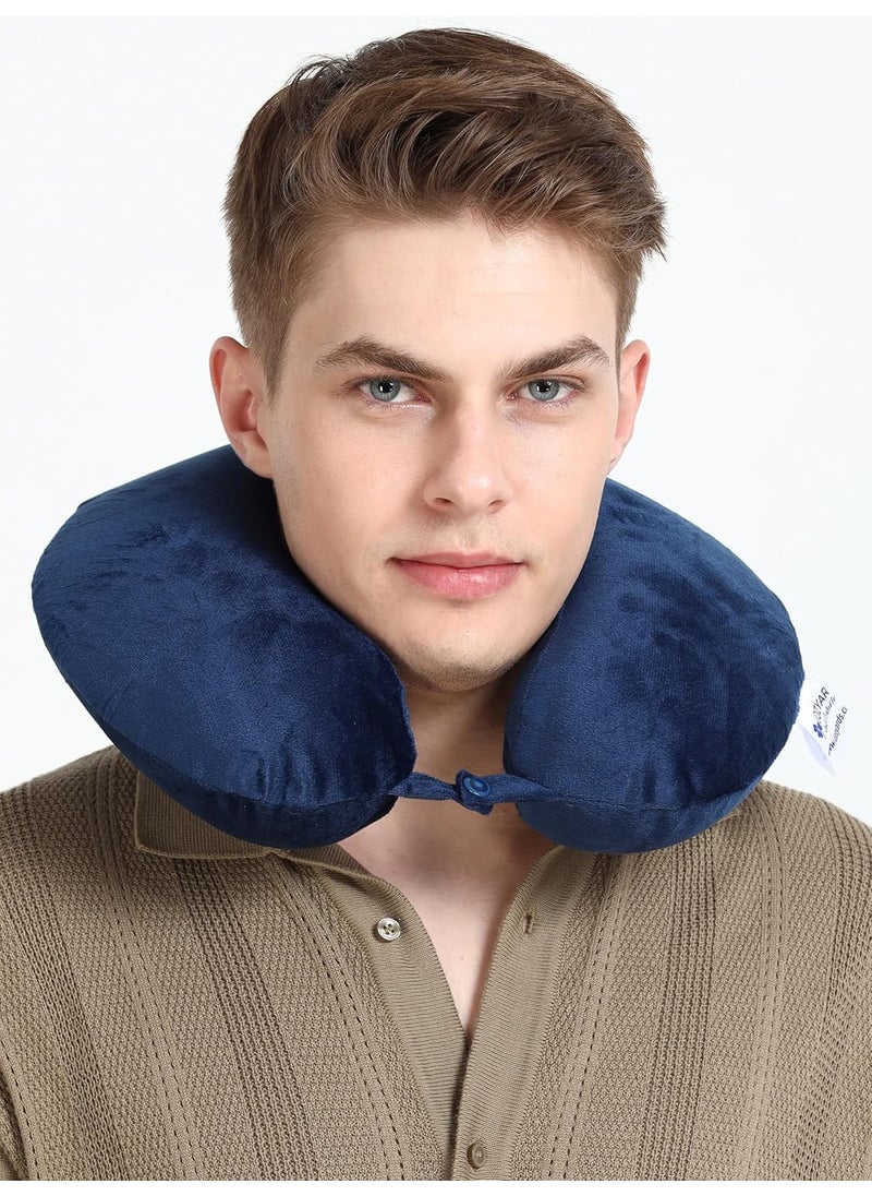 COZYARDS Memory Foam Travel Neck Pillow 1 Year Brand Warranty Premium Velvet Cover for Superior Comfort Neck Support for Flight Train Bus Car Rides Home Use Blue