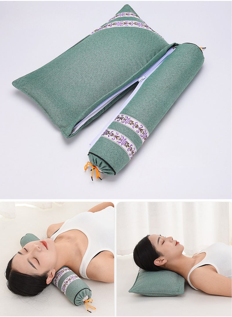 Zen Posture Dual Pillow in Olive Green - Modular Mugwort Therapy Set with Detachable Lumbar Support Roller (Flax Linen, Made in China)
