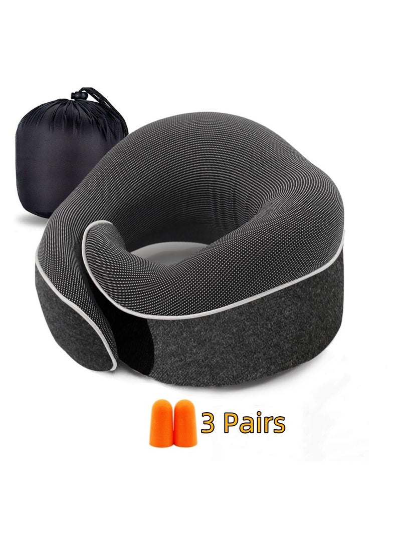 Travel Neck Pillow and 3 Pairs of Sleep Earplugs, Memory Foam U Shaped Neck Support 100% Pure Memory Foam Pillow Ergonomic Design Soft Best Full Neck Surround Pillow Sleep for Airplane Car Office an