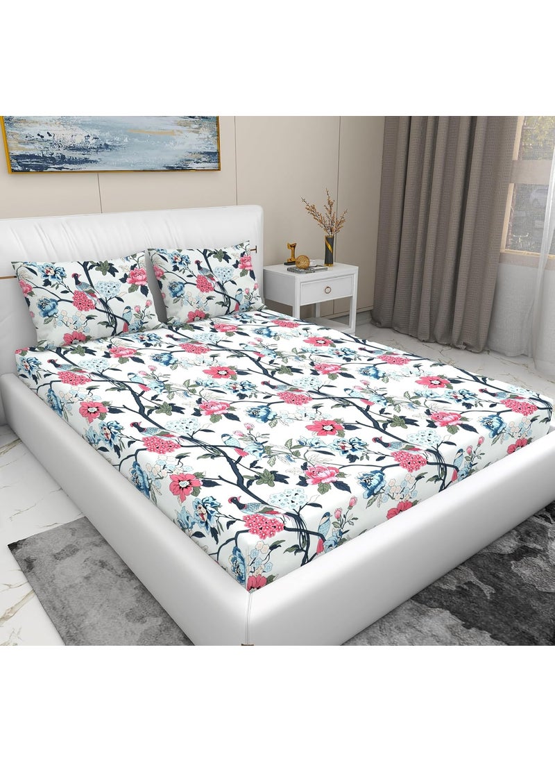 RD TREND Premium Bedsheet for Double Bed King Size 90x100 Inch with 2 Pillow Cover 18x28 Inch Floral White