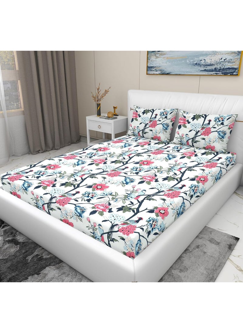 RD TREND Premium Bedsheet for Double Bed King Size 90x100 Inch with 2 Pillow Cover 18x28 Inch Floral White
