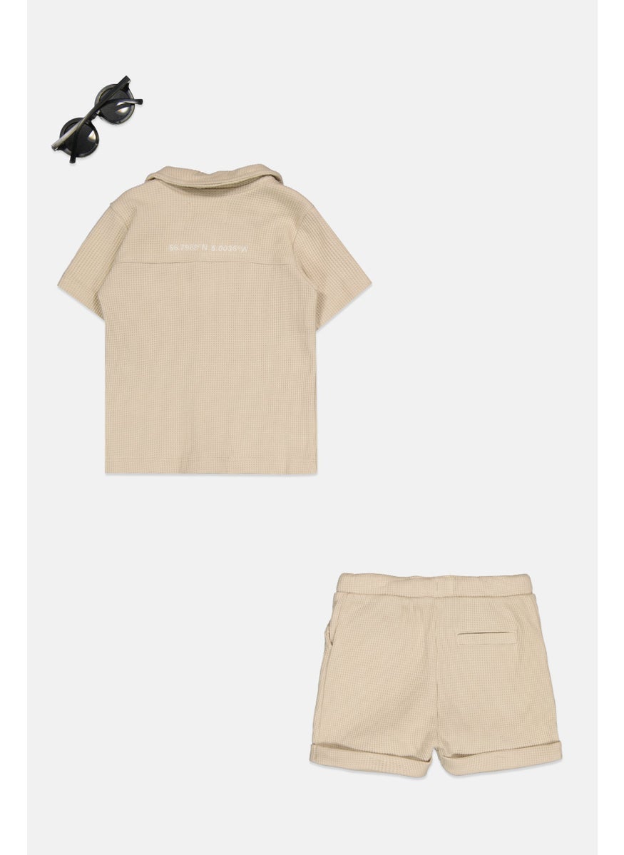 Toddlers Boy 3Pcs Short Sleeve Polo Shirt And Short Set, Beige