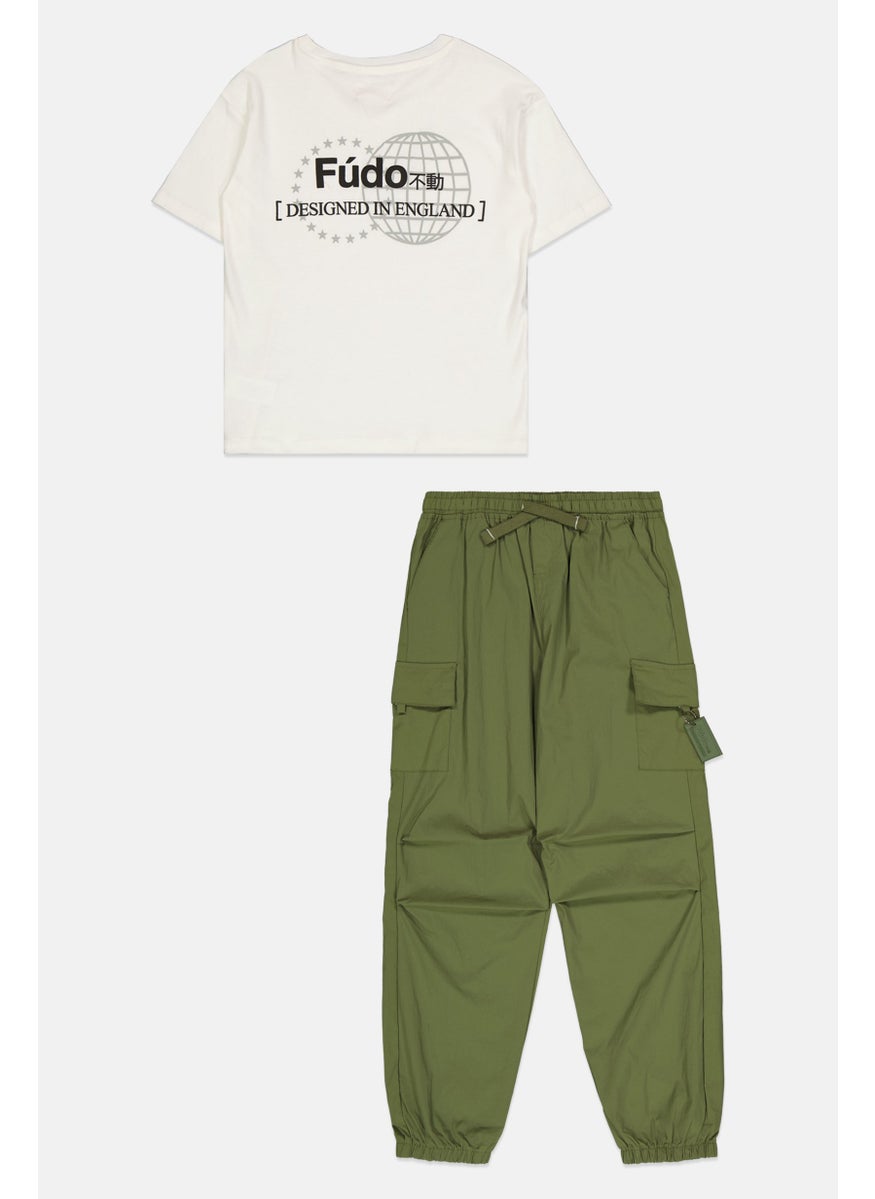 Kids Boy 2 Pcs Brand Logo T-Shirt And Cargo Pants Set, White/Olive