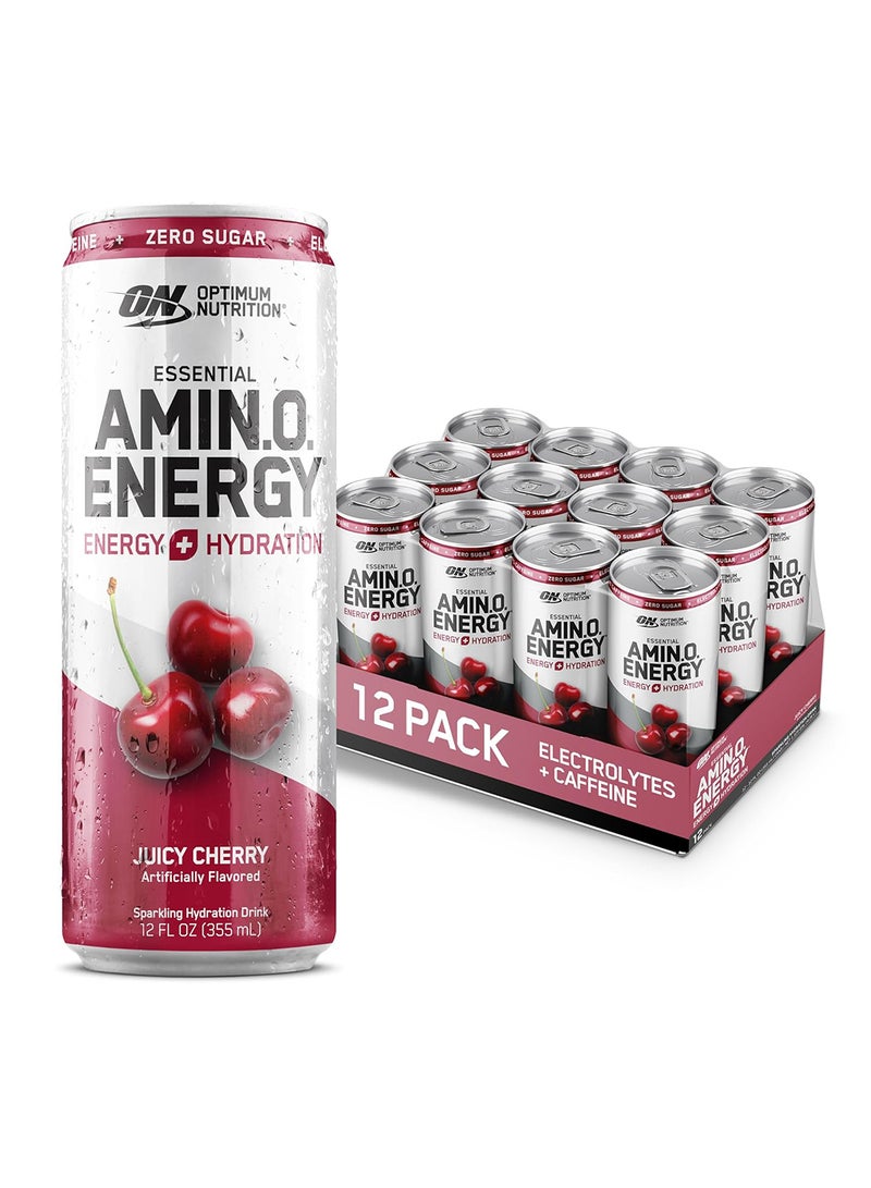 Amino Energy Sparkling Hydration Drink, Electrolytes, Caffeine, Amino Acids, BCAAs, Sugar Free, Juicy Cherry, 12 Fl Oz