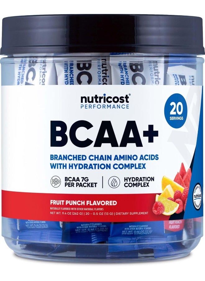 Nutricost BCAA+ Hydration Fruit Punch Flavor (20 Stickpacks) - Branched Chain Amino Acids with Hydration Complex - Gluten-Free, Non-GMO