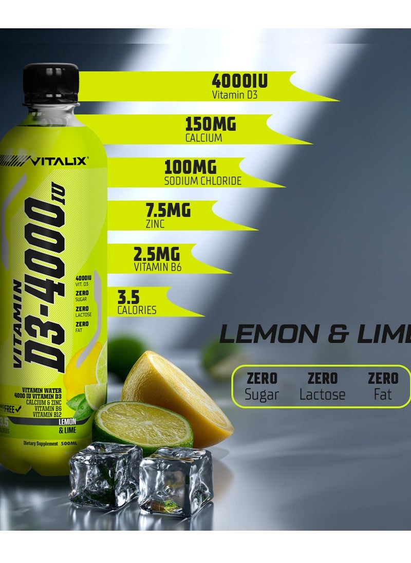 Vitamin D3-4000 Vitamin Water - Lemon & Lime Flavour Zero Sugar, with Calcium and Zinc, 500mL, Pack of 12