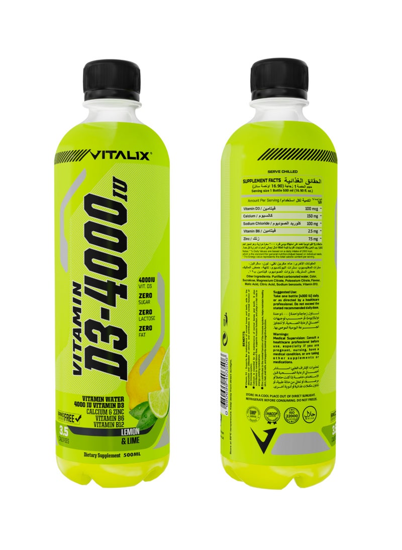 Vitamin D3-4000 Vitamin Water - Lemon & Lime Flavour Zero Sugar, with Calcium and Zinc, 500mL, Pack of 12