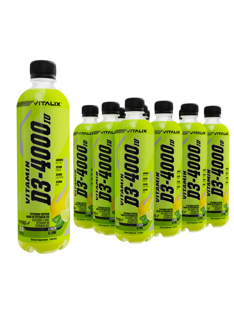 Vitamin D3-4000 Vitamin Water - Lemon & Lime Flavour Zero Sugar, with Calcium and Zinc, 500mL, Pack of 12