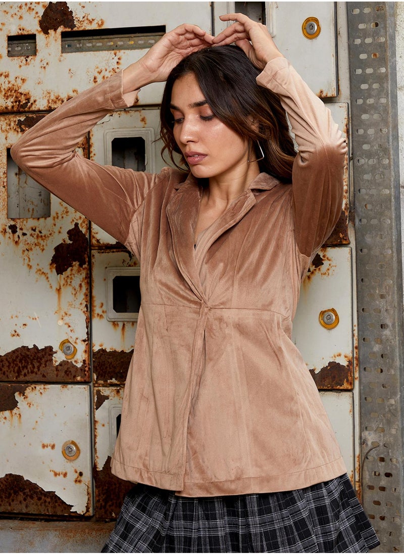 Women's Tan Brown Suede Single-Breasted Blazer
