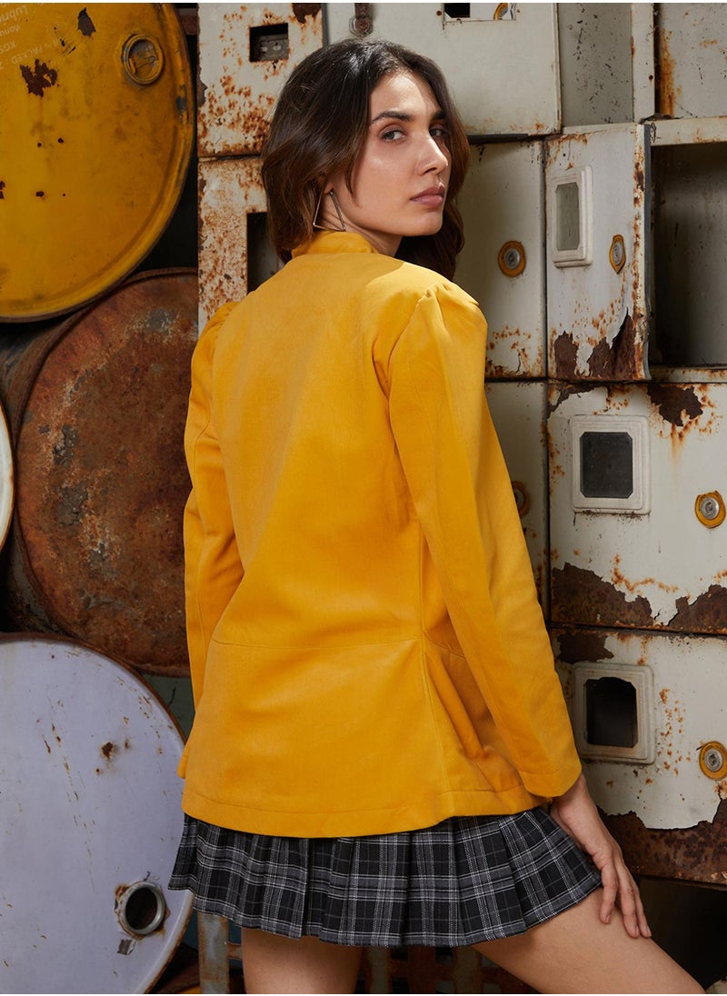 Women's Amber Yellow Velvet Single-Breasted Blazer
