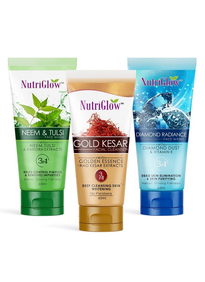 Neem Tulsi Face Wash Gold Kesar Face Wash And Diamond Radiance Face Wash For Brighten Skin Remove Wrinkle 65Ml Each Pack Of 3