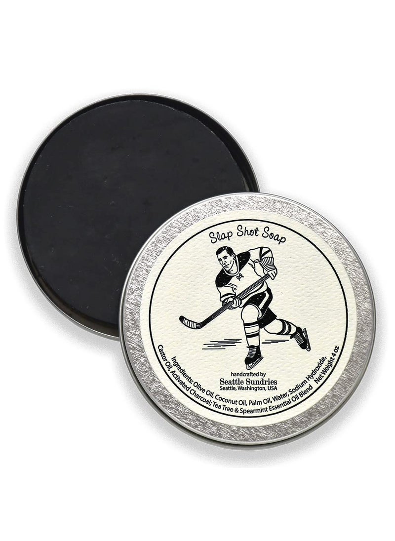 Seattle Sundries Slap Shot Hockey Puck Soap, Hockey Gift Idea 1 (4oz) Bar of Odor Fighting Activated Charcoal Soap in a Retro Gift Tin, Natural and Handmade