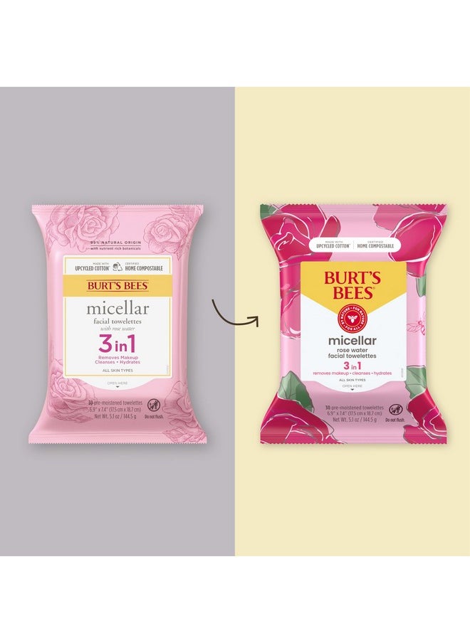 Burt's Bees Micellar Facial Towelettes With Rose Water, Pre-Moistened Towelettes for All Skin Types, 99.5 Percent Natural Origin Skin Care, 30 ct. Package