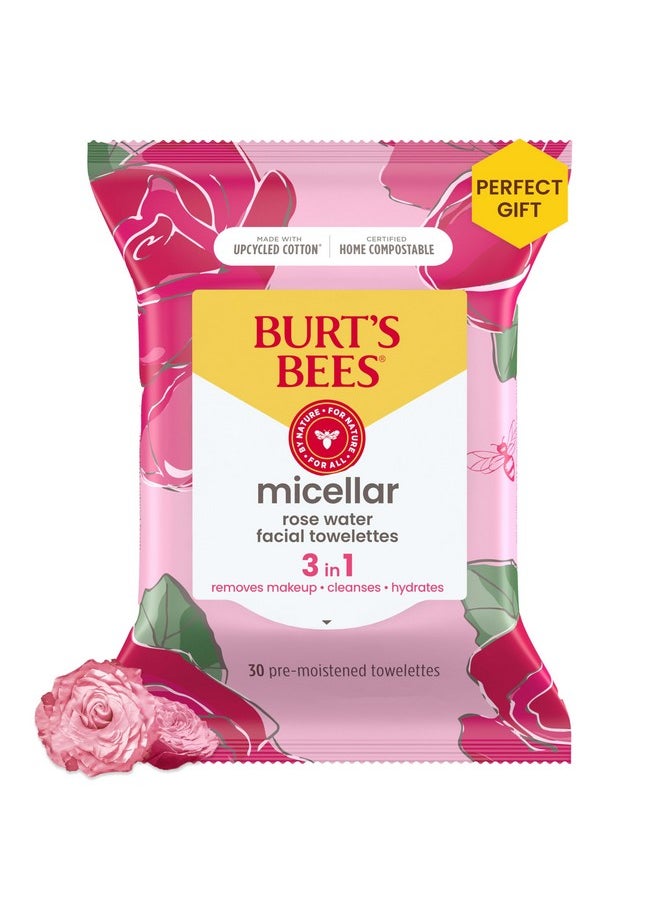 Burt's Bees Micellar Facial Towelettes With Rose Water, Pre-Moistened Towelettes for All Skin Types, 99.5 Percent Natural Origin Skin Care, 30 ct. Package