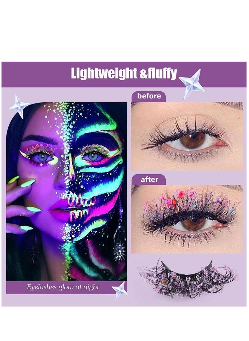 7 Pairs Night Luminous Glitter False Eyelashes Wispy Faux Mink Lashes Colored Eyelashes Dramatic Lashes for Party Stage Cosplay