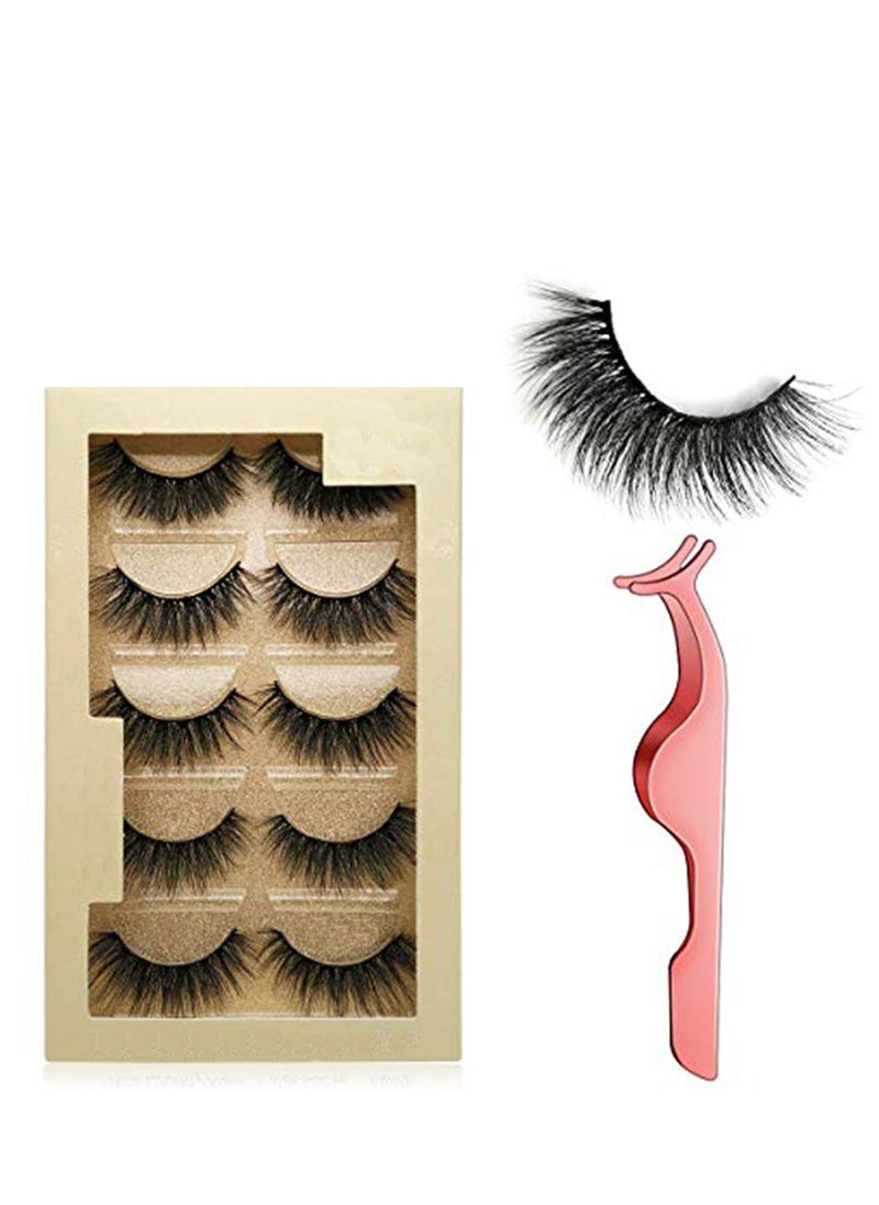 False Lashes, False Eyelashes Mink Lashes 5 Pairs Reusable 3D Mink Lashes Handmade Natural Thick Fake Eyelashes Contains Stainless Steel Eyelash Tweezers