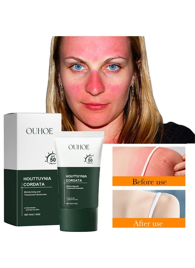 Houttuynia Cordata Moisturizing And Translucent Sunscreen,Silky Moisture Sunscreen, Korean SPF 50+ PA++++ Clear Filter Sun Essence, Moisture Daily Sunscreen, No White Cast&Sticky, Hydrating, Moisturizing 50G
