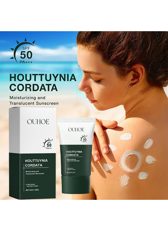 Houttuynia Cordata Moisturizing And Translucent Sunscreen,Silky Moisture Sunscreen, Korean SPF 50+ PA++++ Clear Filter Sun Essence, Moisture Daily Sunscreen, No White Cast&Sticky, Hydrating, Moisturizing 50G