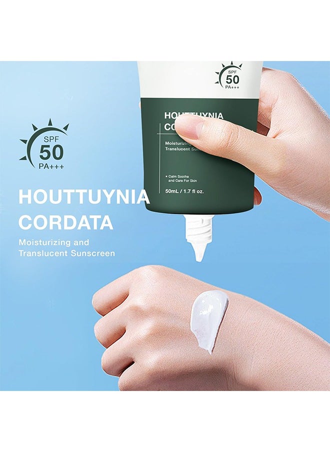Houttuynia Cordata Moisturizing And Translucent Sunscreen,Silky Moisture Sunscreen, Korean SPF 50+ PA++++ Clear Filter Sun Essence, Moisture Daily Sunscreen, No White Cast&Sticky, Hydrating, Moisturizing 50G