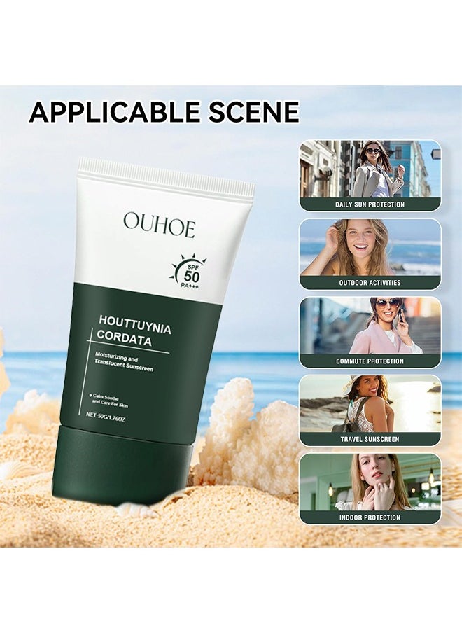 Houttuynia Cordata Moisturizing And Translucent Sunscreen,Silky Moisture Sunscreen, Korean SPF 50+ PA++++ Clear Filter Sun Essence, Moisture Daily Sunscreen, No White Cast&Sticky, Hydrating, Moisturizing 50G
