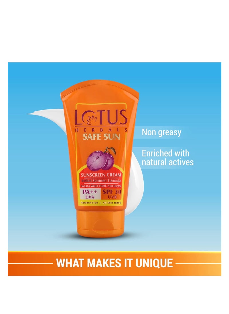 Lotus Safe Sun Sunblock SPF 30 PA++| Black Plum Extract| Suitable for Indian Summers, water proof, sweat proof, non greasy| Suitable for all skin types| 100g