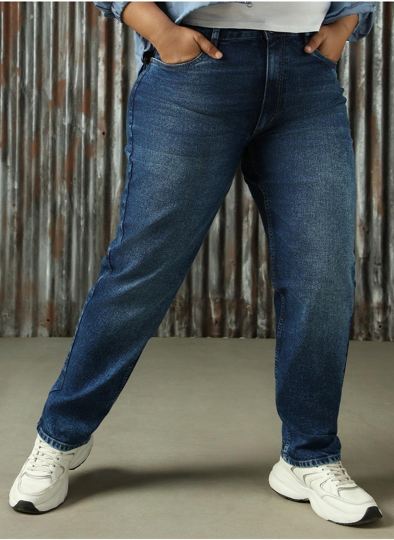 Women's Indigo Cotton Blend Distressed Plus Size Jeans
