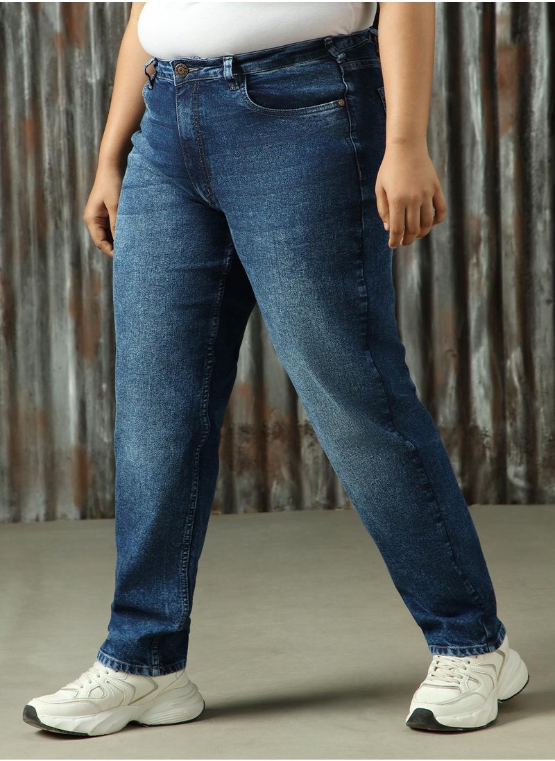 Women's Indigo Cotton Blend Distressed Plus Size Jeans