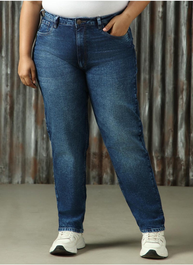 Women's Indigo Cotton Blend Distressed Plus Size Jeans
