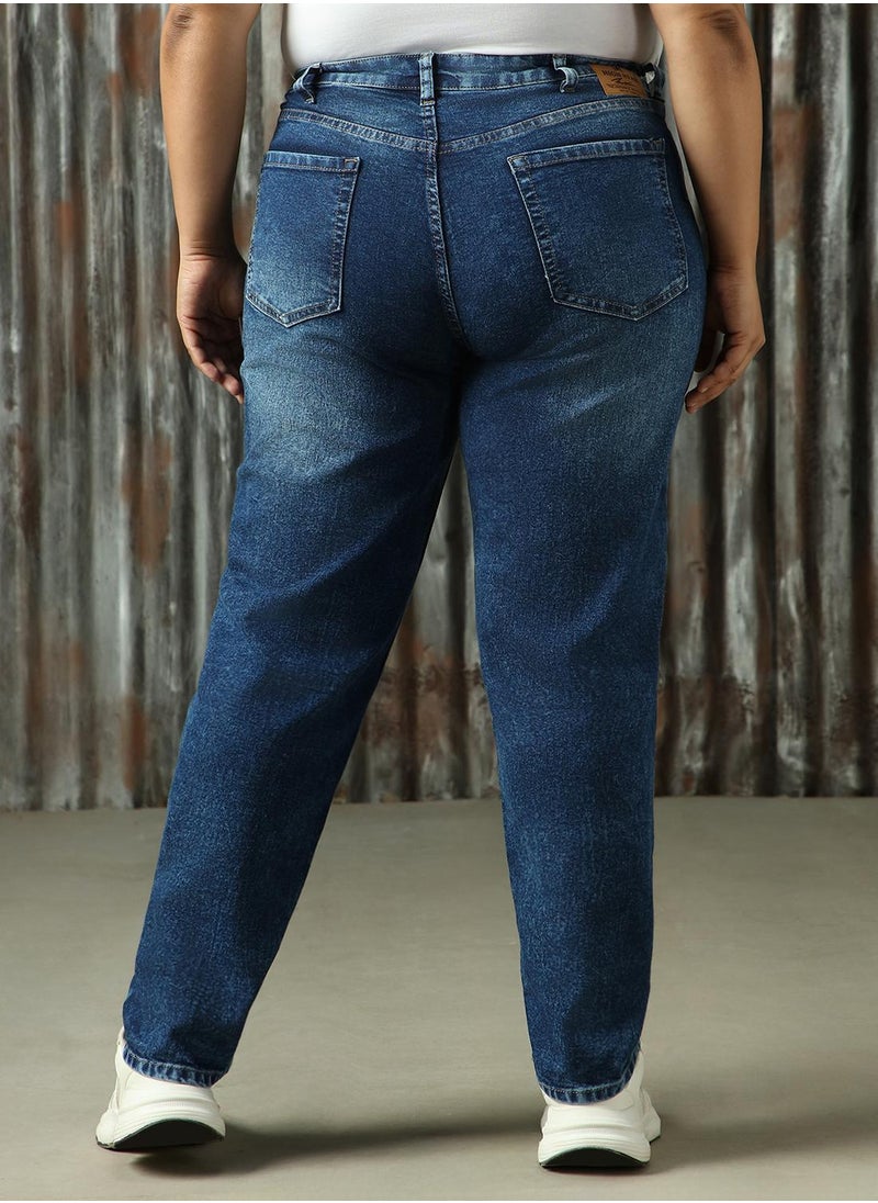 Women's Indigo Cotton Blend Distressed Plus Size Jeans
