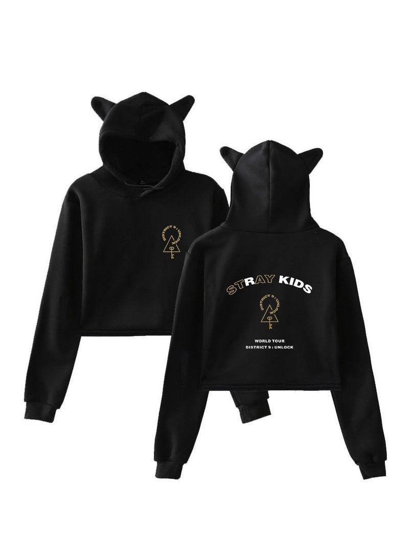 Stray Kids Long Sleeve Thin Hoodie Casual Women's cat-ear Crop Hoodie Black