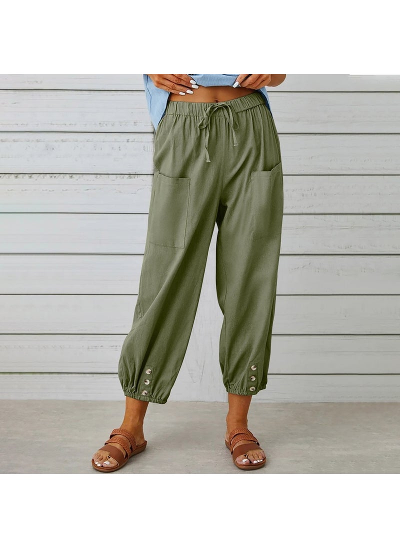 Linen Casual Trousers with Elastic Waistband and Lace-Up LN15HAKI6