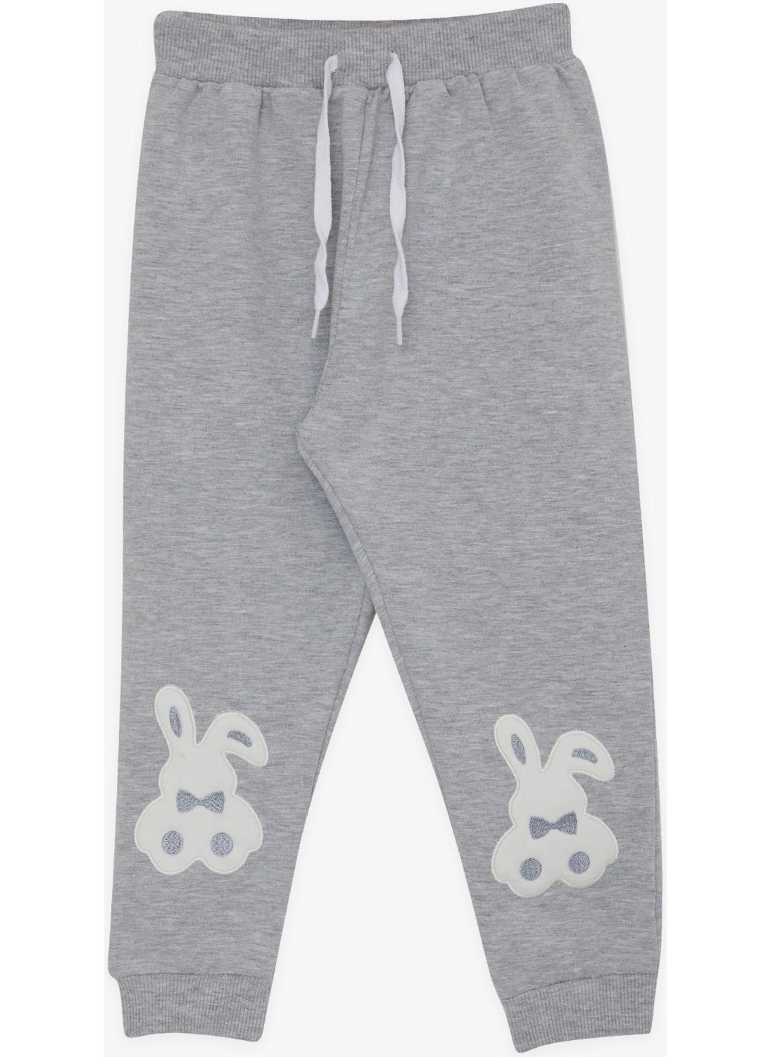 Girls' Sweatpants with Bunny Embroidery, Age 1-4, Light Gray Melange