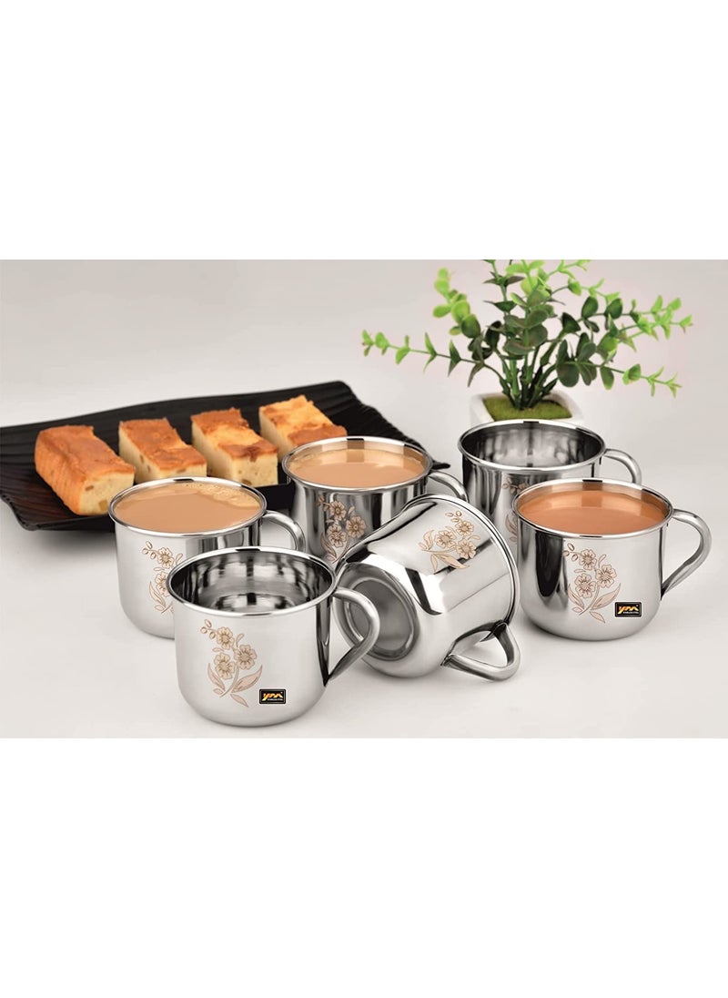 BHATI Deluxe Royal Premium Stainless Steel Tea Cup Coffee Cup Set of 6 with Tray Silver