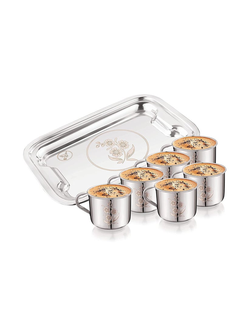 BHATI Deluxe Royal Premium Stainless Steel Tea Cup Coffee Cup Set of 6 with Tray Silver