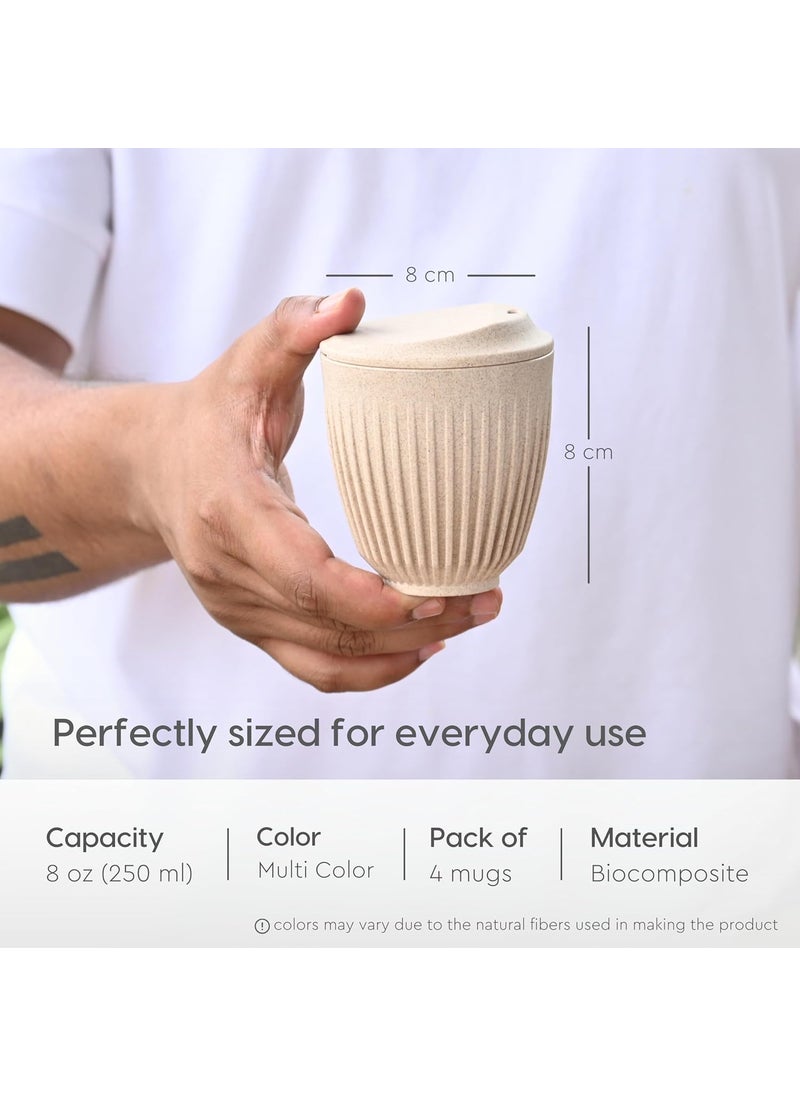 Eha Earth Friendly Retro Coffee Mug with Lid Tea Cup Set of 4 250 ml Made with Rice Husk Microwave Safe Mugs for Gifting Multi Light