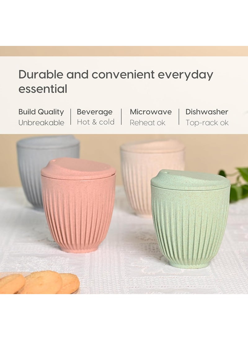 Eha Earth Friendly Retro Coffee Mug with Lid Tea Cup Set of 4 250 ml Made with Rice Husk Microwave Safe Mugs for Gifting Multi Light