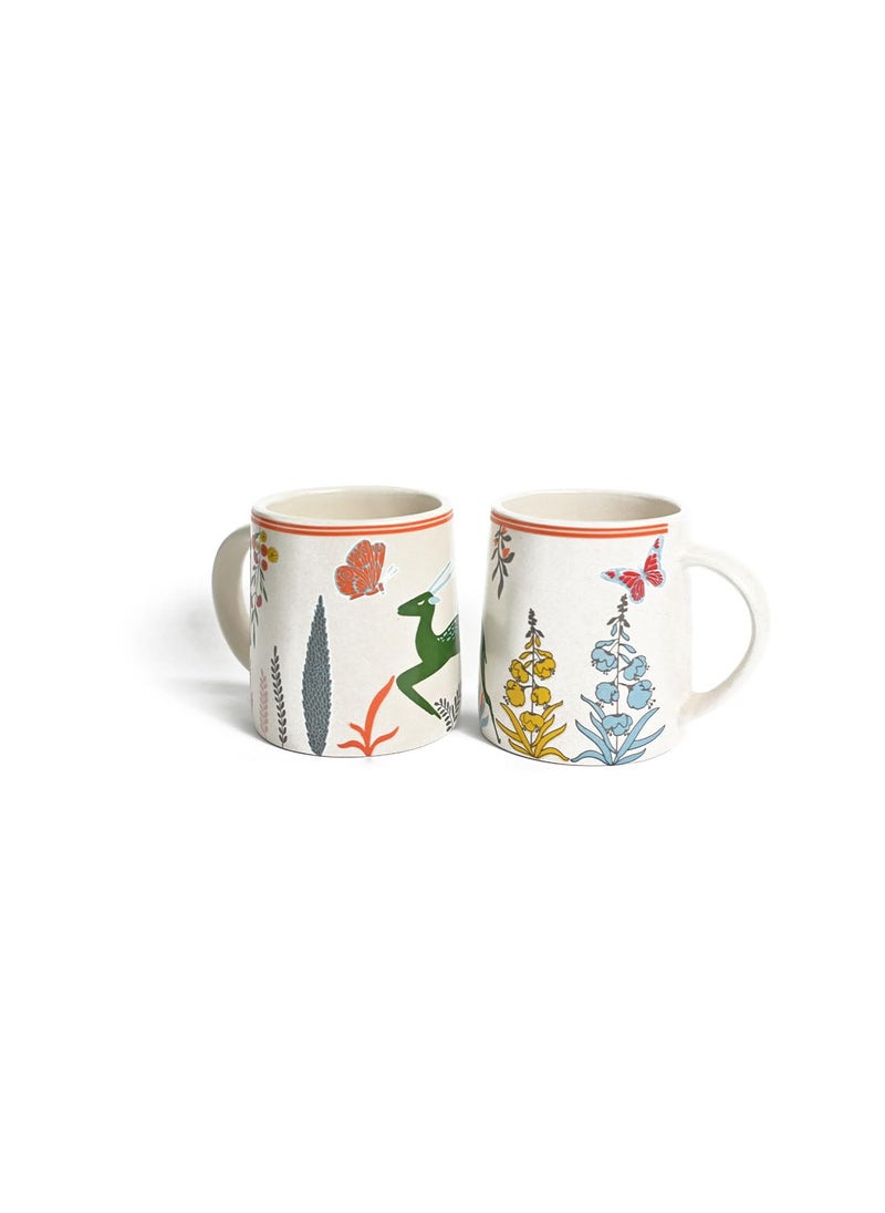 Meraki Mix Tea Coffee Cup Chai Handprinted Ceramic Clay Blue Woodland Deer Mug Microwave Dishwasher Safe for Daily Use Gifted for Any Occasion Cream and Red Set of 2