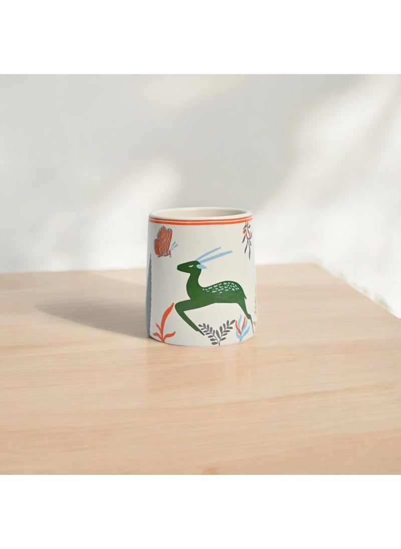 Meraki Mix Tea Coffee Cup Chai Handprinted Ceramic Clay Blue Woodland Deer Mug Microwave Dishwasher Safe for Daily Use Gifted for Any Occasion Cream and Red Set of 2