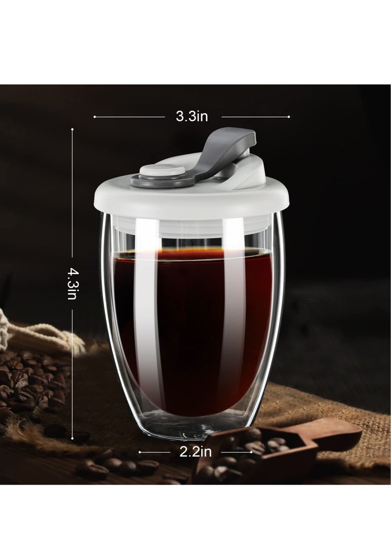 Insulated Double Wall Glass Coffee Mug with Silicone Lid - 12oz High Borosilicate Cup for Hot & Cold Beverages - Perfect for Travel & Home Use - Stylish Grey Design