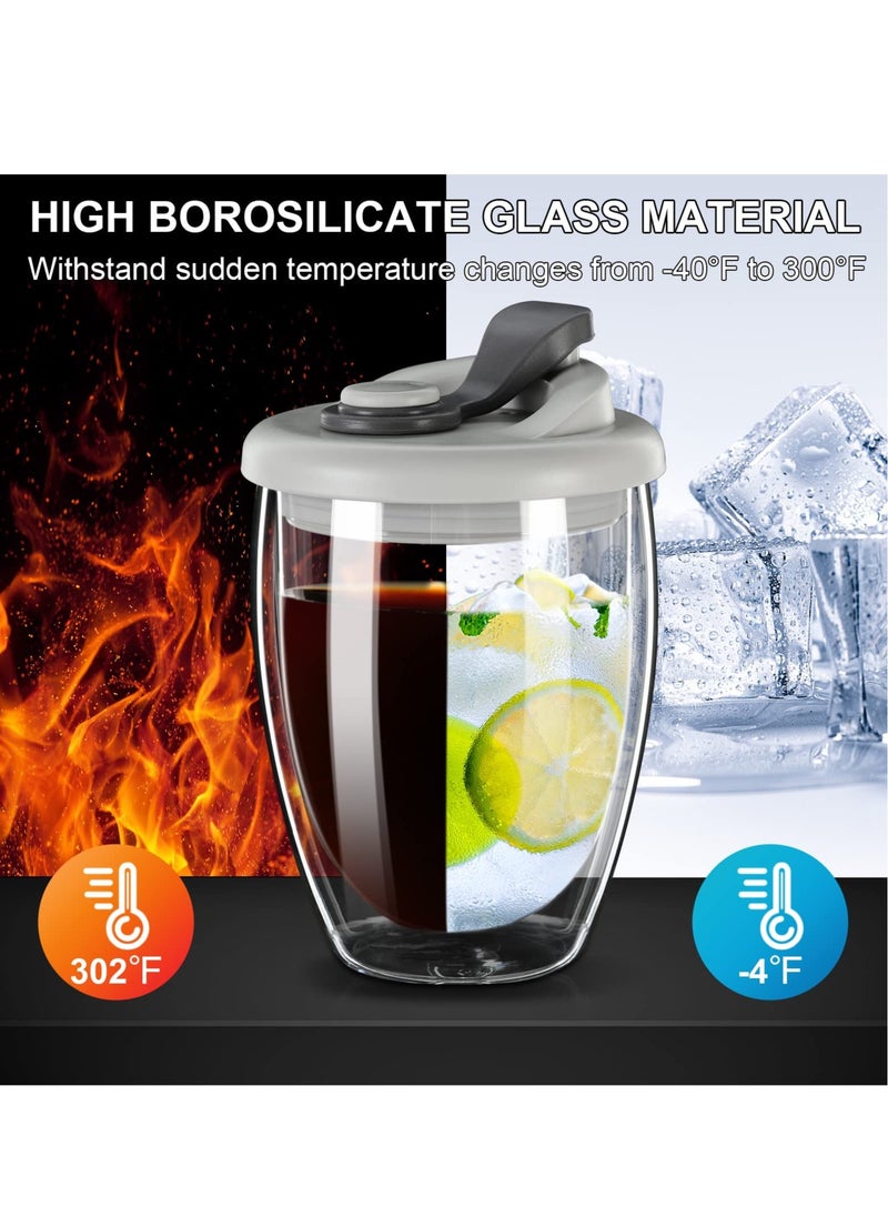 Insulated Double Wall Glass Coffee Mug with Silicone Lid - 12oz High Borosilicate Cup for Hot & Cold Beverages - Perfect for Travel & Home Use - Stylish Grey Design