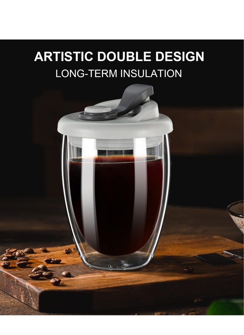 Insulated Double Wall Glass Coffee Mug with Silicone Lid - 12oz High Borosilicate Cup for Hot & Cold Beverages - Perfect for Travel & Home Use - Stylish Grey Design