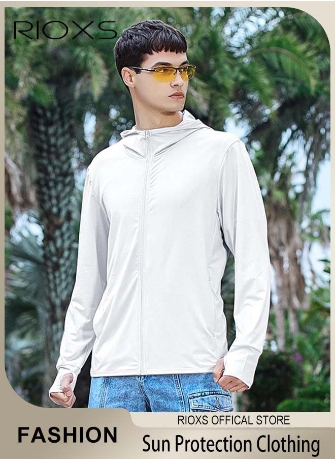 Men's UPF 50+ Sun Protection Clothing, Outdoor Lightweight Full Zip Hoodie Jacket, Comfy Breathable Long Sleeve Coat with Thumbholes, Suitable for Daily Wear, Sports Training, Running, Hiking, Fishing, Climbing or Other Outdoor Activities