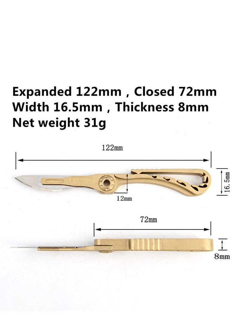 Mini Brass Pocket Knife EDC Utility Knife with 10 Extra Replaceable Blades, Portable Sharp Folding Knife with Back Clip