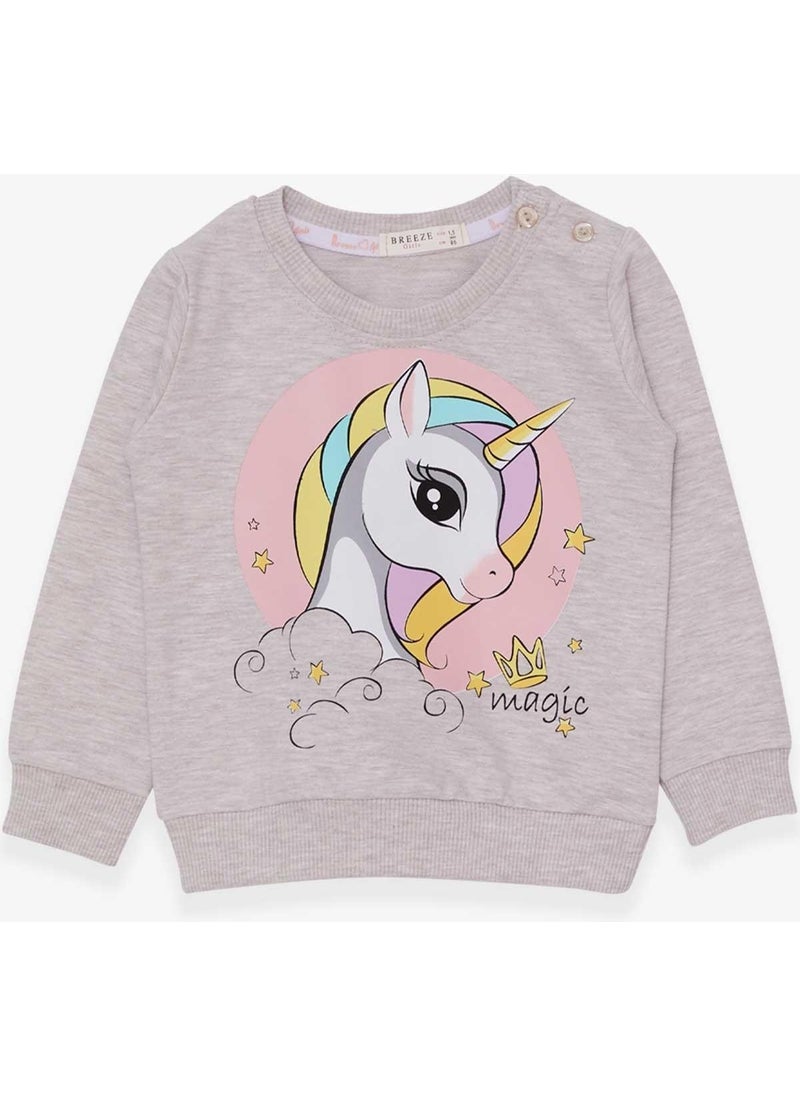 Girl Child Sweatshirt Printed Unicorn 1.5-5 Years, Beige Melange