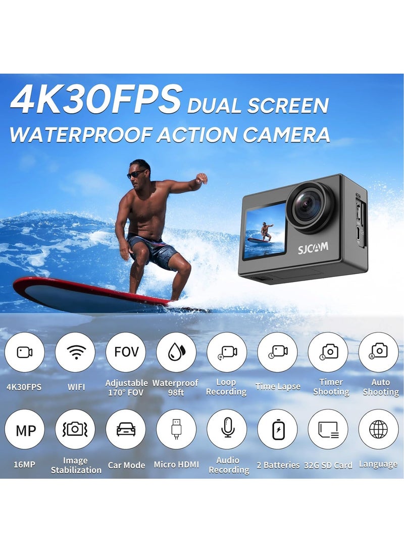 Upgraded SJ4000 Action Camera Dual Screen 4K30FPS Ultra HD Underwater Camera Waterproof 170° Wide-Angle Motorcycle Helmet Camera with Stabilization, 2 Batteries and Accessories, 64G Card