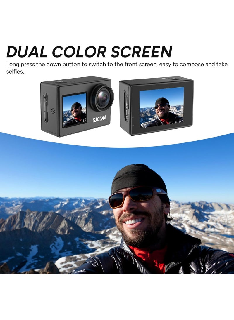 Upgraded SJ4000 Action Camera Dual Screen 4K30FPS Ultra HD Underwater Camera Waterproof 170° Wide-Angle Motorcycle Helmet Camera with Stabilization, 2 Batteries and Accessories, 64G Card