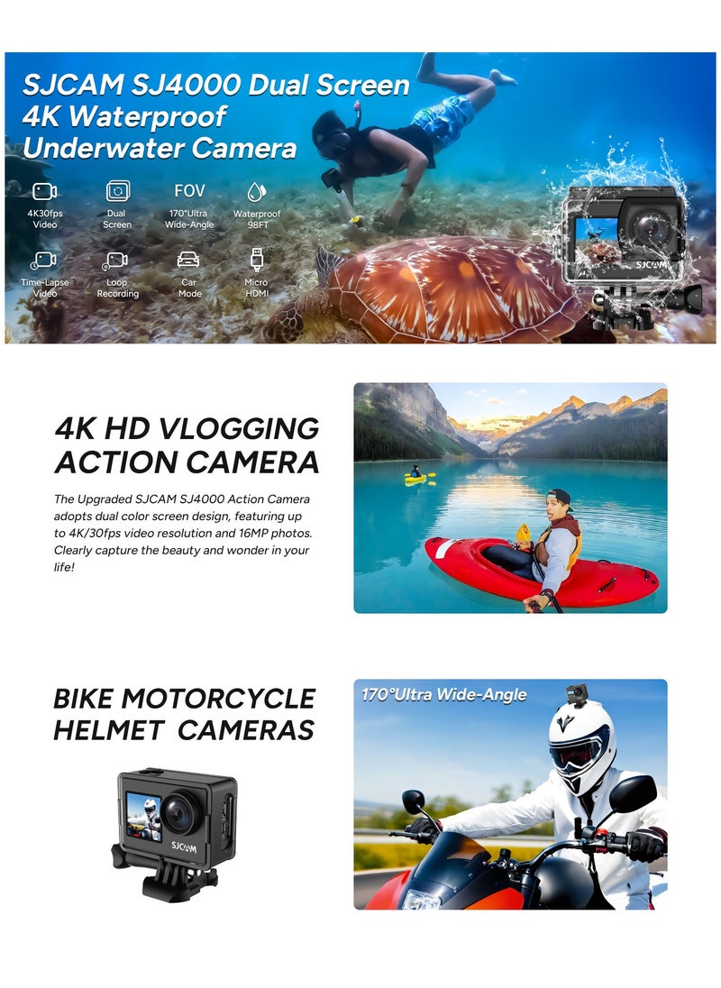 Upgraded SJ4000 Action Camera Dual Screen 4K30FPS Ultra HD Underwater Camera Waterproof 170° Wide-Angle Motorcycle Helmet Camera with Stabilization, 2 Batteries and Accessories, 64G Card