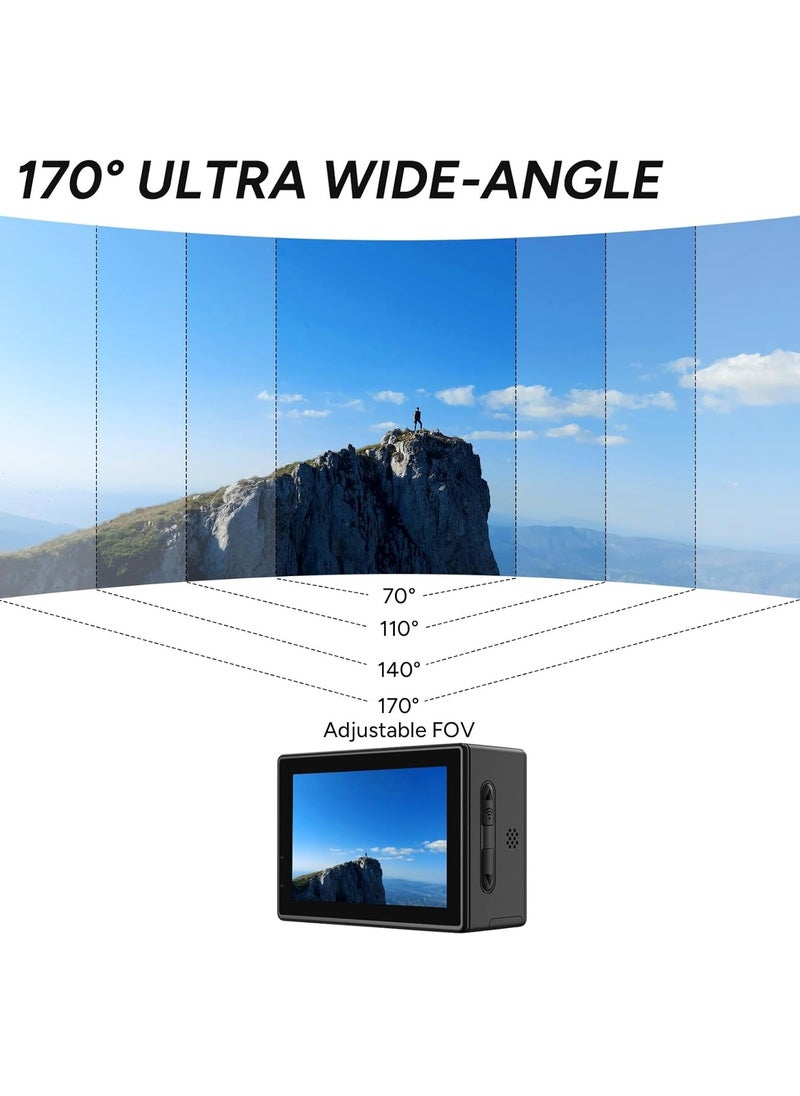 Upgraded SJ4000 Action Camera Dual Screen 4K30FPS Ultra HD Underwater Camera Waterproof 170° Wide-Angle Motorcycle Helmet Camera with Stabilization, 2 Batteries and Accessories, 64G Card