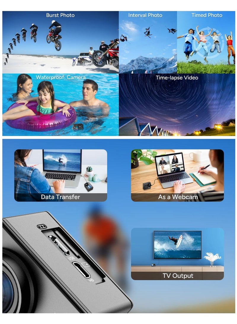 Upgraded SJ4000 Action Camera Dual Screen 4K30FPS Ultra HD Underwater Camera Waterproof 170° Wide-Angle Motorcycle Helmet Camera with Stabilization, 2 Batteries and Accessories, 64G Card