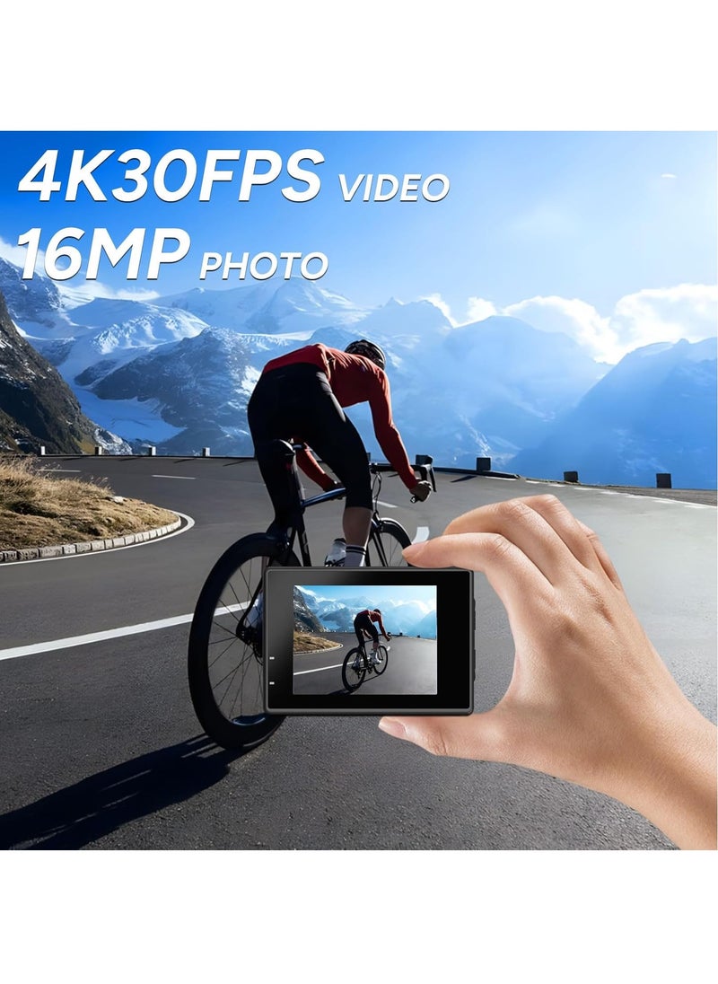 Upgraded SJ4000 Action Camera Dual Screen 4K30FPS Ultra HD Underwater Camera Waterproof 170° Wide-Angle Motorcycle Helmet Camera with Stabilization, 2 Batteries and Accessories, 64G Card